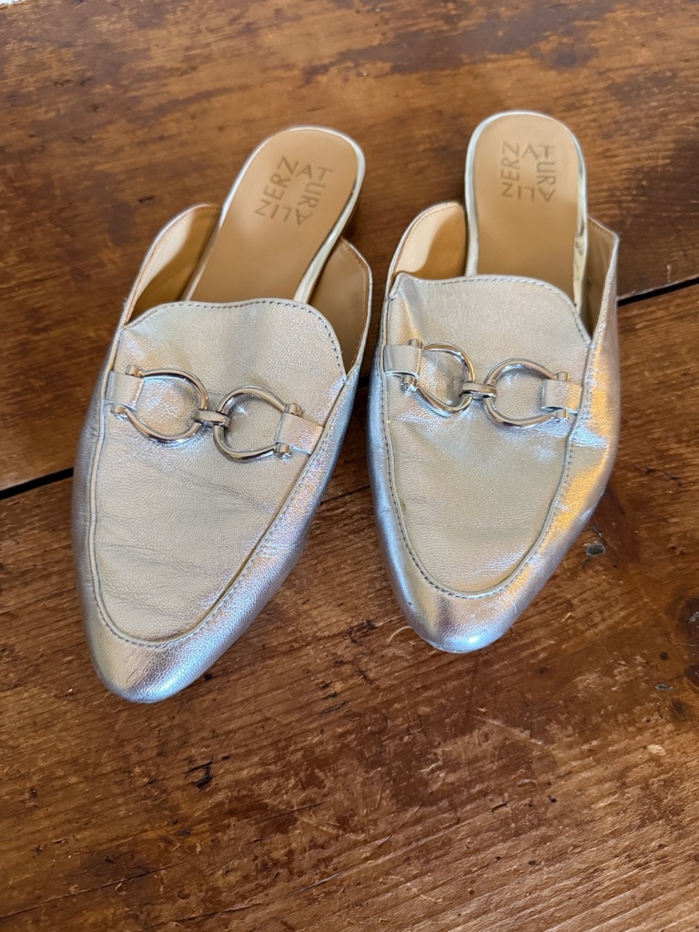 Naturalizer Leanna Metallic Silver Leather Slip-On Mules with Horse bit Accent